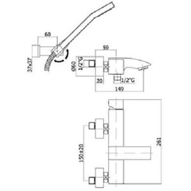 disegno tecnico paffoni level vasca doccia con doccino